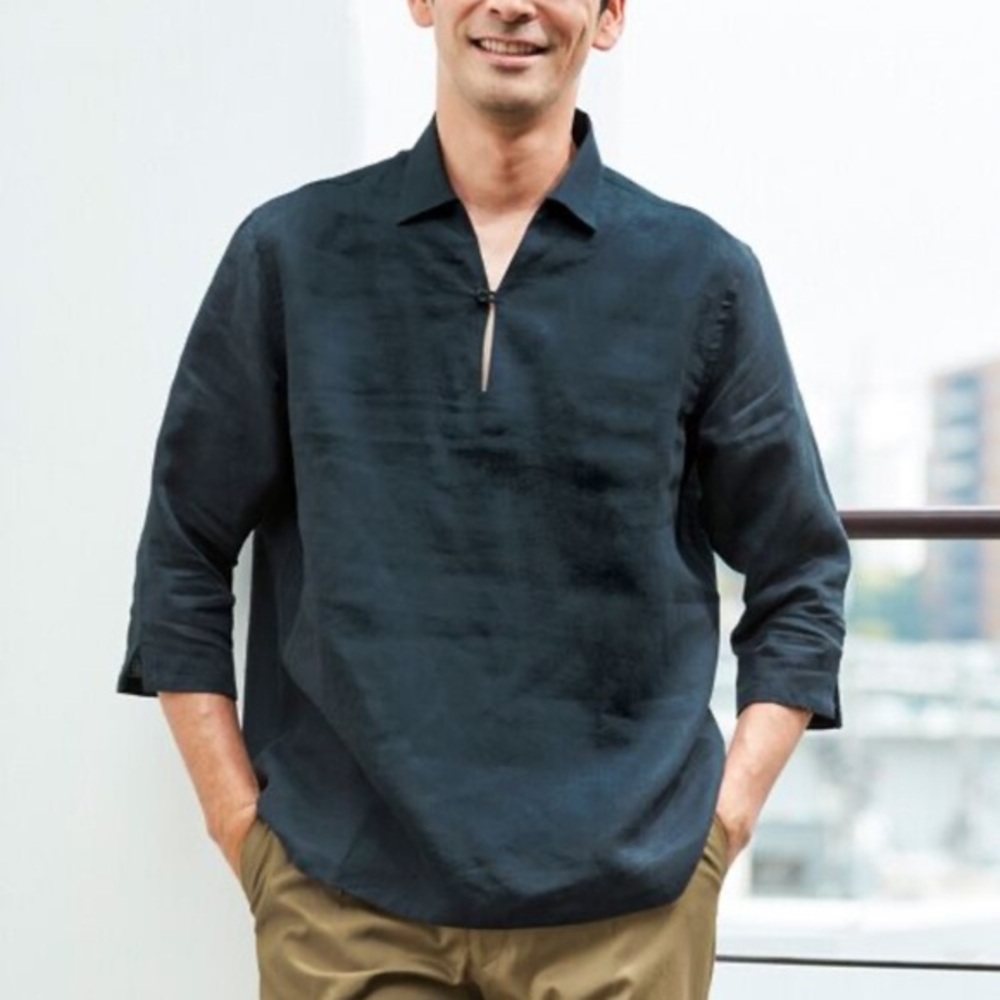 Japanese brand linen Navy Casual Button Down Shirt for Men